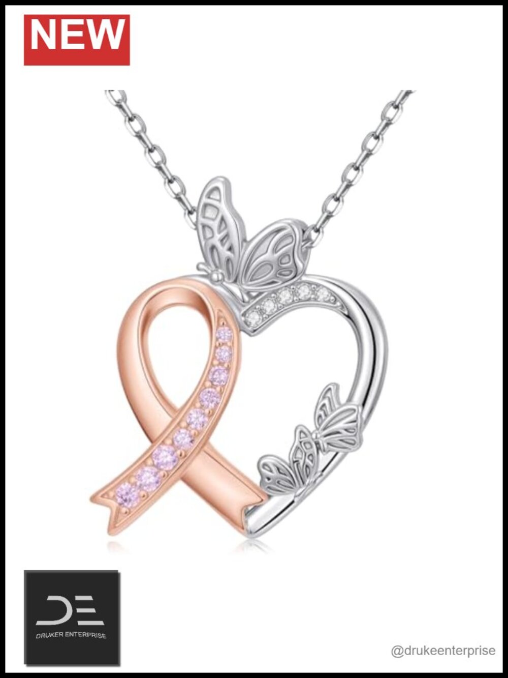 925 Sterling Silver Pink Ribbon Butterfly Pendant Necklace Breast Cancer